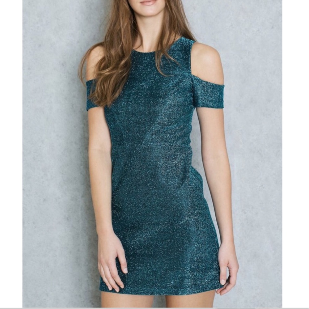 top shop sparkly turquoise cold shoulder dress
